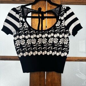 Maeve Black and White Floral and Cherry Crop Knit Top